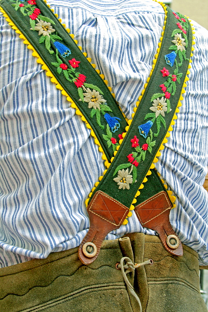 Embroidered Suspenders and leather trousers Bavaria Germany