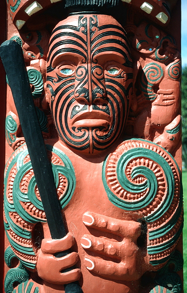 Maori art painted face and three fingers New Zealand