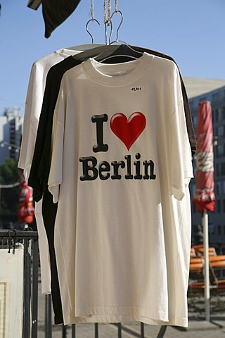 I love Berlin - white T-shirt in a souvenir shop in the Nikolaiviertel, Berlin, Germany, Europe