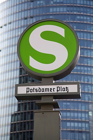 Rapid-transit railway sign, in the background: Bahn Tower at Potsdamer Platz, Berlin, Germany, Europe