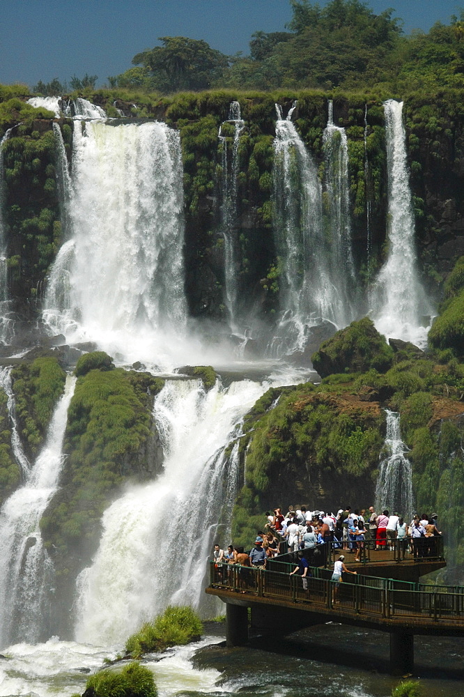 Waterfalls, tourists on viewing platform, Iguacu, Brazil, South America