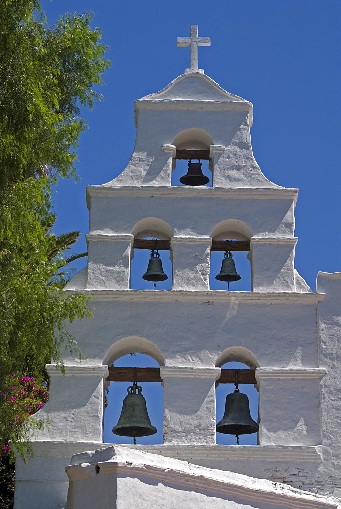 Basilica, bells of Mission San Diego de Alcala, San Diego, California, USA