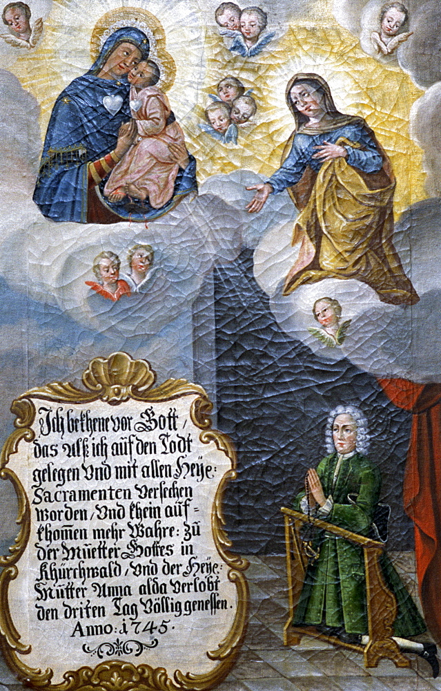 Votive image from 1745 for the saving from a terminal illness, Kirchwald Pilgrimage Church near, Nussdorf, Bavarian Inntal, Upper Bavaria, Germany, Europe