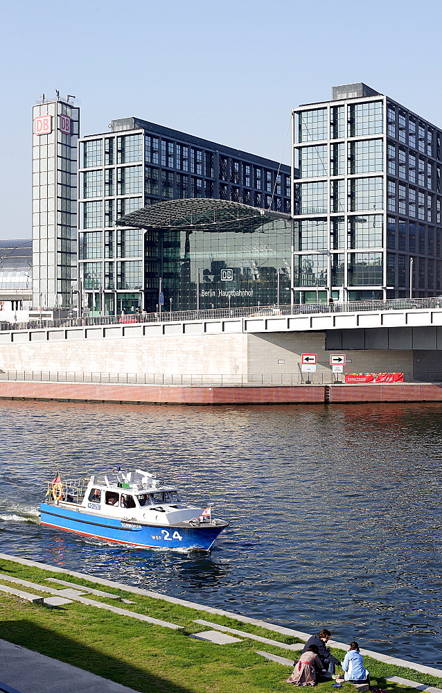 Police boat in front of Berlin Central Station at the river Spree, Germany, Europe