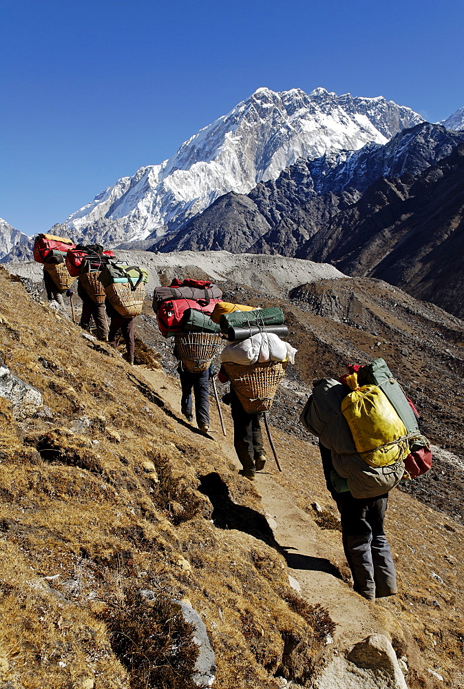 Trekkers carrying packs on the Khumbu Glacier with Mt. Nuptse (7861 m), Khumbu Himal, UNESCO World Heritage Site, Sagarmatha National Park, Nepal