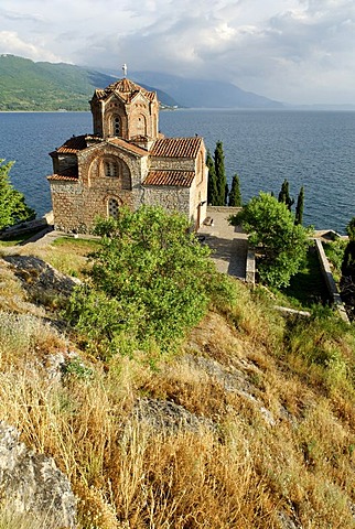 Byzantine church of Sveti Jovan, St John, from Kaneo on Lake Ohrid, UNESCO World Heritage Site, Macedonia, FYROM, Former Yugoslav Republic of Macedonia, Europe