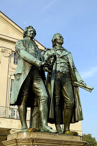 UNESCO World Heritage Site Monument Goethe and Schiller before German National Theatre Weimar, Thuringia, Germany