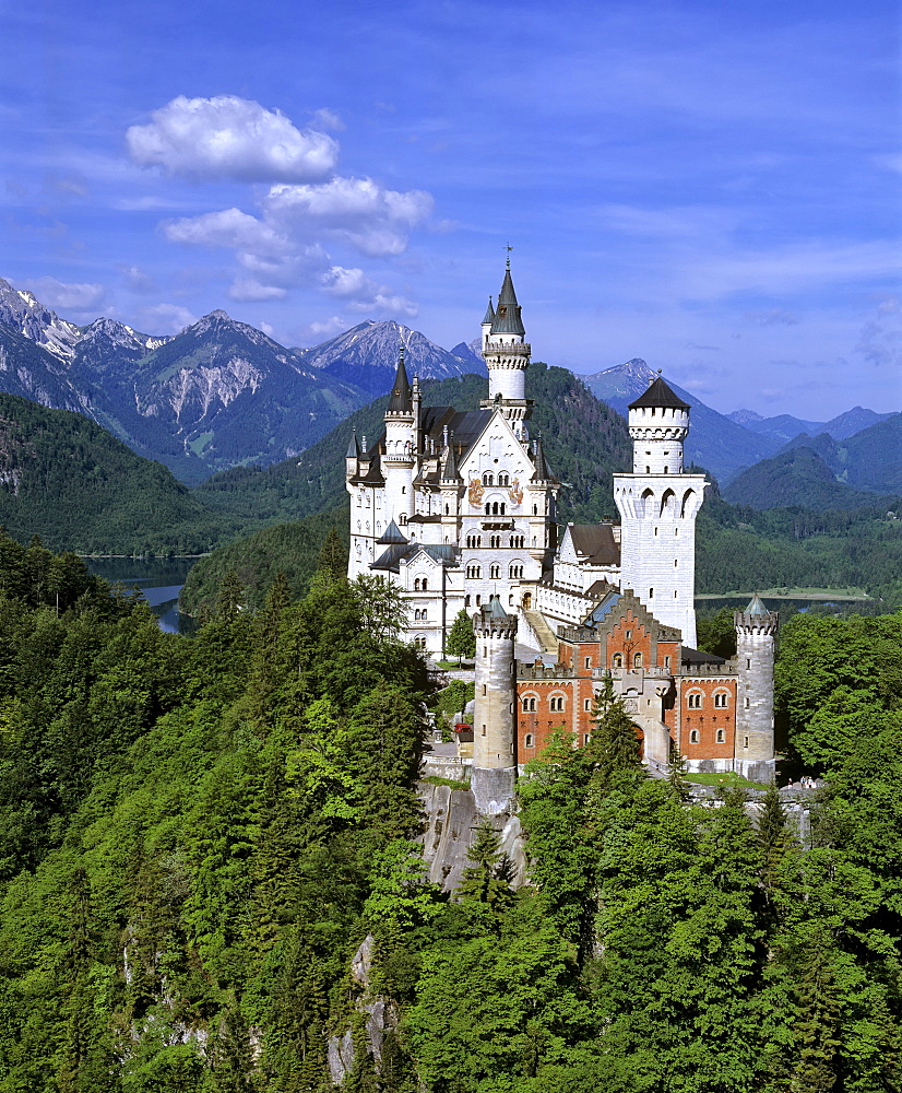 Neuschwanstein Castle in summer, Panorama, Alp lake, Fuessen, Thannheimer Mountains, Allgaeu, Bavaria, Germany