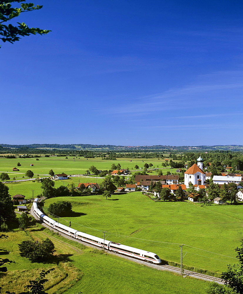 Panoramic view of Eschenlohe featuring the ICE Inter City Express high-speed train, Loisach Valley, Upper Bavaria, Germany, Europe