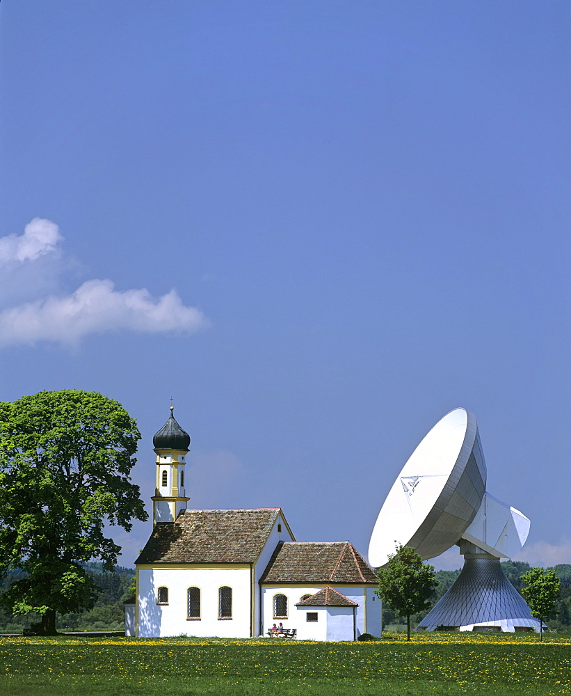 Antenna of the Satellite Earth Station Raisting, St Johann Chapel, Upper Bavaria, Bavaria, Germany