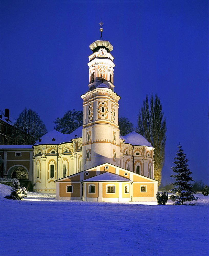 Karlskirche Church at dusk near Volders, Inn Valley, Tirol, Austria, Europe