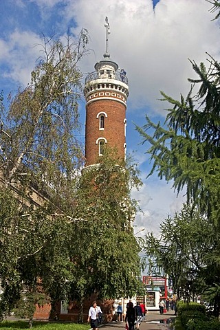 Sign of the City of Omsk, The Old Firebrigades Tower in the Downtown of Omsk, Omsk at the Rivers of Irtisch and Omka, Omsk, Sibiria, Russia, GUS, Europe,