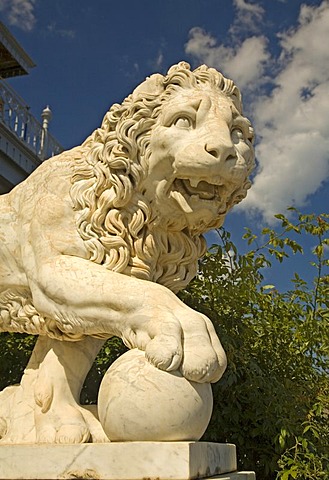 Lion in white Marble in front of Castle Voroncov, Jalta, Crimea, Ukraine, South-Easteurope, Europe,