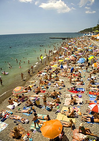 Crowded Public Beach, Promenade and Boardwalk of Jalta, Crimea, Ukraine, South-Easteurope, Europe,