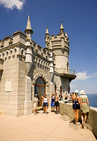 Tourists at the Castle, The Castle Swallow Nest at the Cape Air-Todor, Jalta, Crimea, Ukraine, South-Easteurope, Europe,