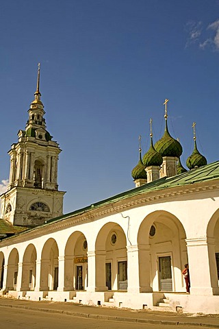 Historic shopping arcades with Church of Our Saviour and bell tower, Kostroma, Russia