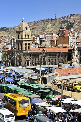 Traffic chaos, market stalls and the Franciscan Church, La Paz, Bolivia, South America