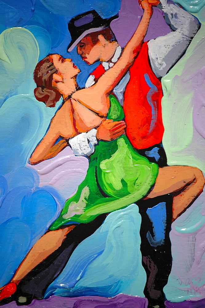 Painting of tango dancers at Caminito, La Boca, Buenos Aires, Argentina