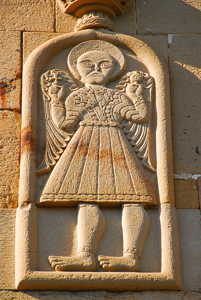 Stone relief, church at Ananuri Fortress, Shinwali Lake, Ananuri, Georgia, Asia