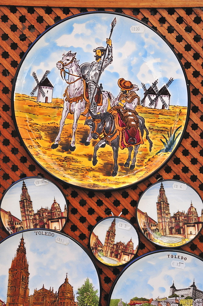 Plate with an illustration of Don Quixote, Don Quijote and Sancho Pansa at a souvenir shop in Toledo, Spain