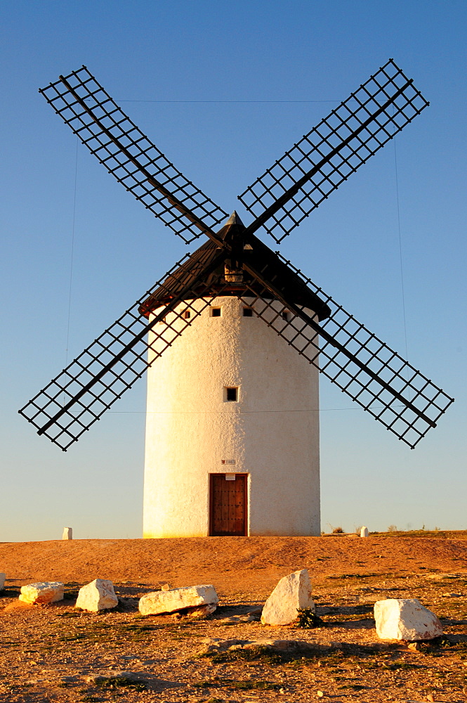 Windmill in afternoon light, Campo de Criptana, Castilla-La Mancha region, Spain