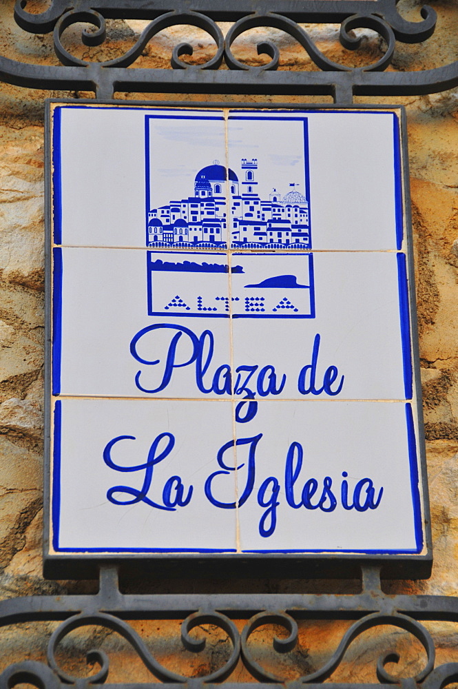 Painted tiles, sign, Plaza de la Iglesia, in Altea, Costa Blanca, Spain