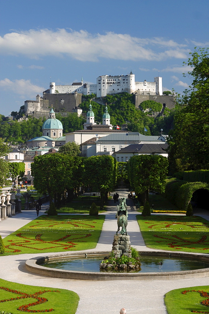 View from Mirabell Garden to fortress Salzburg, Salzburg, Austria