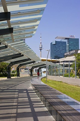 Saturn Tower behind a sheltered walkway of the UN complex, Donaucity, Vienna, Austria, Europe