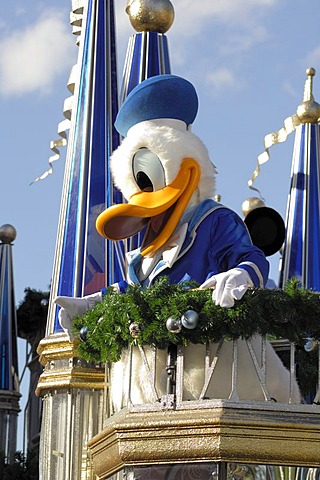 Donald Duck in a parade at Walt Disney World, Florida, USA