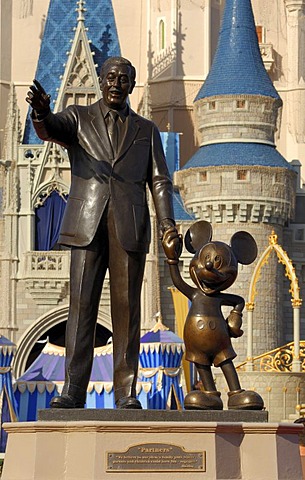 Walt Disney and Mickey Mouse statue at Walt Disney World's Magic Kingdom, Florida, USA