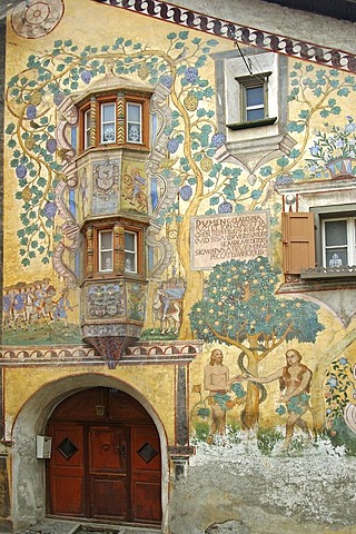 Adam and Eve in the Garden of Eden, Sgraffito outdoor wall painting, Ardez, Engadin, Grisons, Switzerland