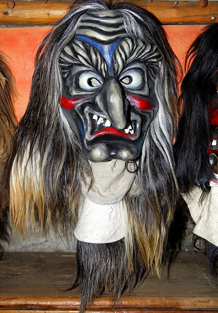 Tschaeggaetae, traditional wooden mask made of Swiss pine wood, mask workshop Wiler, Loetschental, Valais, Switzerland