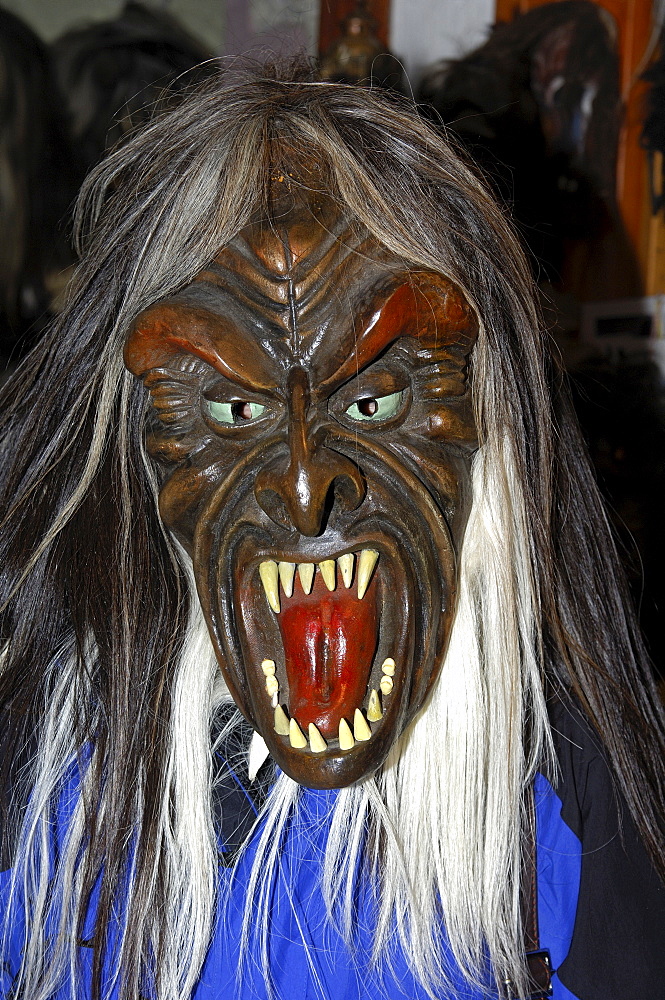 Tschaeggaetae, traditional wooden mask made of Swiss pine wood, mask workshop Wiler, Loetschental, Valais, Switzerland