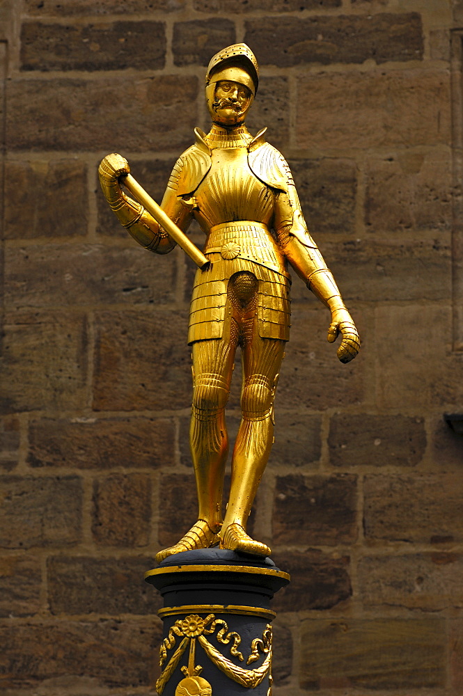 Gilded knight figure as a fountain figure, Margrave Georg Fountain, Ansbach, Franconia, Bavaria, Germany, Europe