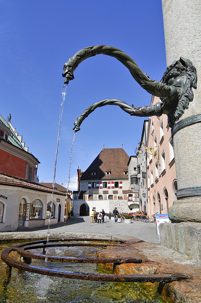 Fountain of the upper town square in the historic centre of Hall, Tyrol, Austria