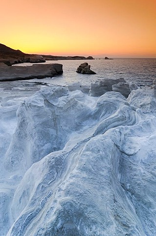 White rock formations at the beach of Sarakiniko on Milos, Cyclades, Greece, Europe