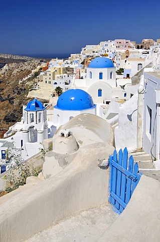 Blue and white domed church and a blue wooden gate in front of interlocked houses in the town of Oia, Ia, Santorini, Cyclades, Greece, Europe