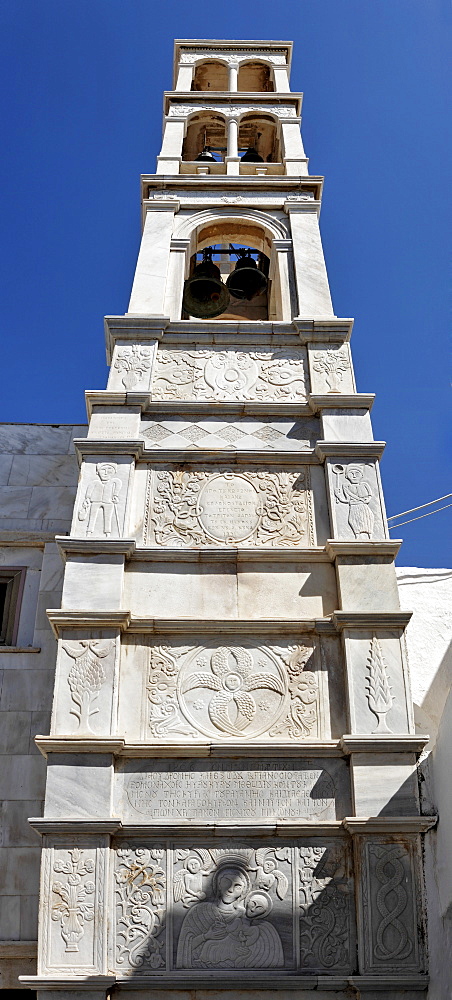 Marble bell tower (19 century) at the Panajia-Tourliani monastery, Ano Mera, Myconos, Greece