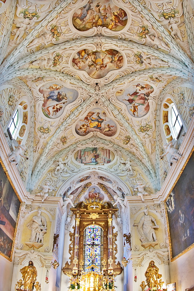 Glass window behind the main altar (built ca. 1230), Ardagger Monastey, Lower Austria, Austria, Europe