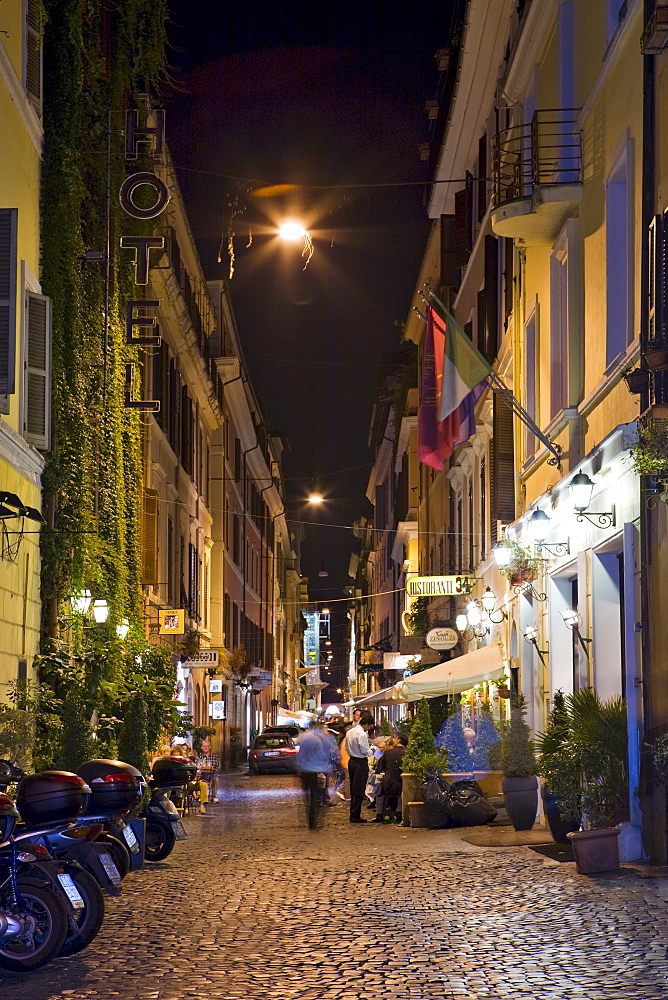 Alleyways and restaurants near the Spanish Steps (Italian: Scalinata della Trinita dei Monti) at night, Rome, Italy, Europe