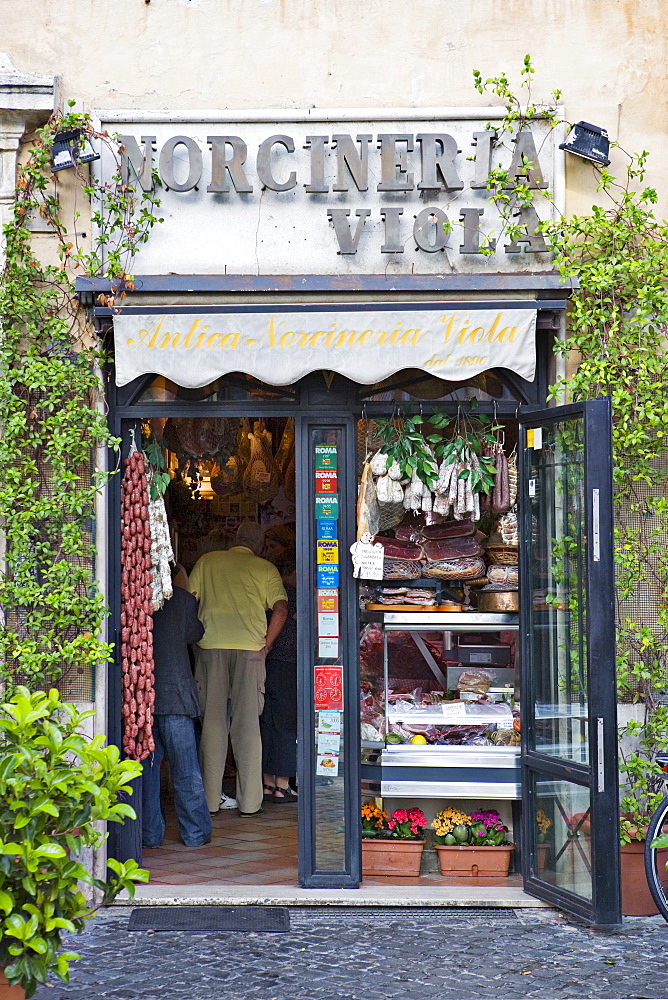 ButcherÃ‚Â¥s shop selling sausages at Campo de Fiori, Rome, Italy, Europe