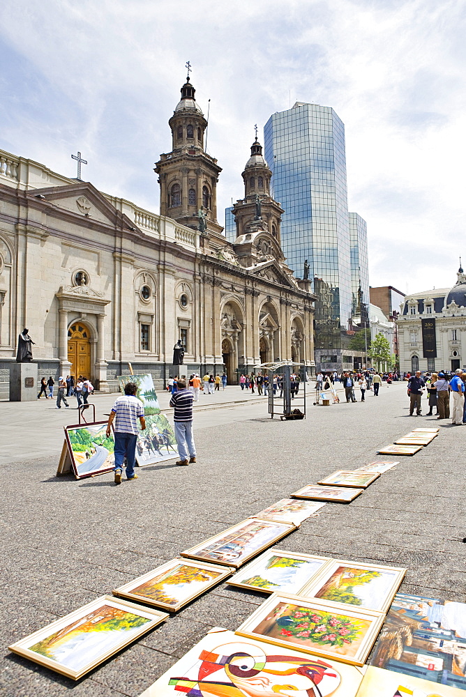 Cathedral and street vendors selling art at Plaza de Armas (all main squares in Chile go by this name), Santiago de Chile, Chile, South America