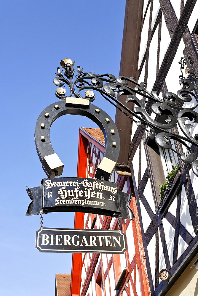 Sign for a brewery inn, Pottenstein, Franconian Switzerland, Bavaria, Germany, Europe