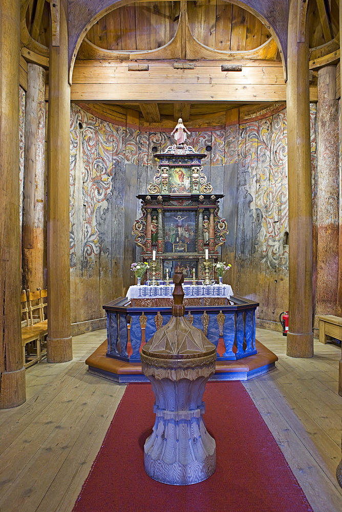 Baptismal font, Heddal Stave Church (Heddal Stavkirke), thirteenth-century stave church in Norway, Scandinavia, Europe