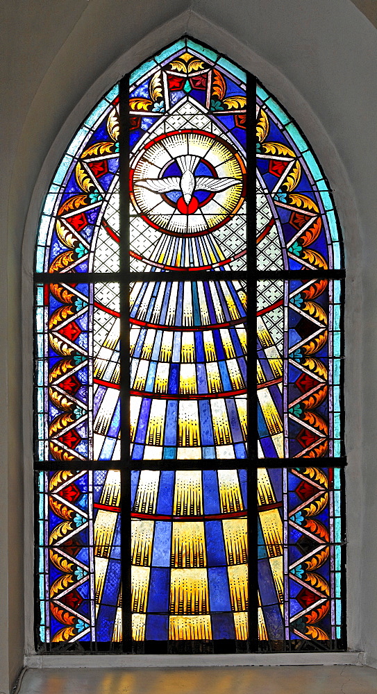 Stained-glass window at the church in Hirtenberg, Triesingtal (Triesing Valley), Lower Austria, Austria, Europe