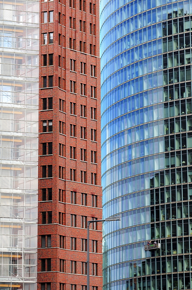 Three high-rise buildings at Potsdamer Platz Square, architectural detail, from ltr, PwC, PricewaterhouseCoopers, Kollhoff-Tower, BahnTower, Berlin, Germany, Europe