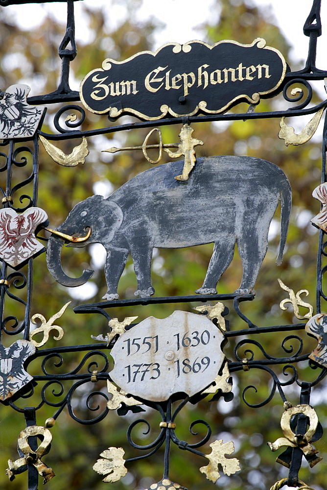 Sign for historic inn, Hotel Zum Elephanten, Brixen, South Tyrol, Italy