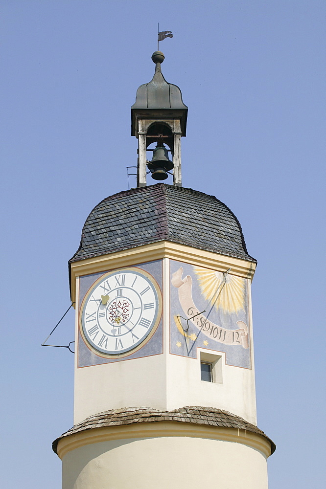 Sundial and clock at tower, Burghausen, Upper Bavaria, Germany