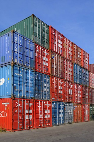 Stacked overseas containers, colourful mix in a container terminal