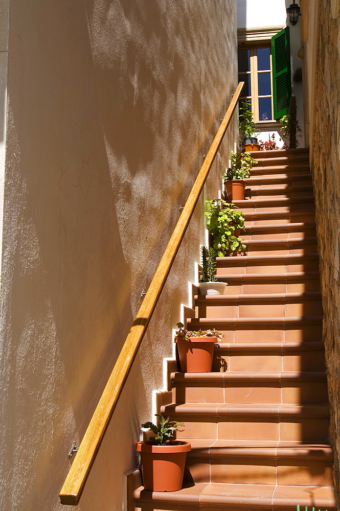 Flowerpots on a staircase, Cala Figuera, Majorca, Balearic Islands, Spain, Europe